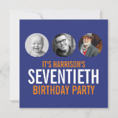 Donkerblauw oranje 70e fotoverjaardagsuitnodiging kaart (Voorkant)