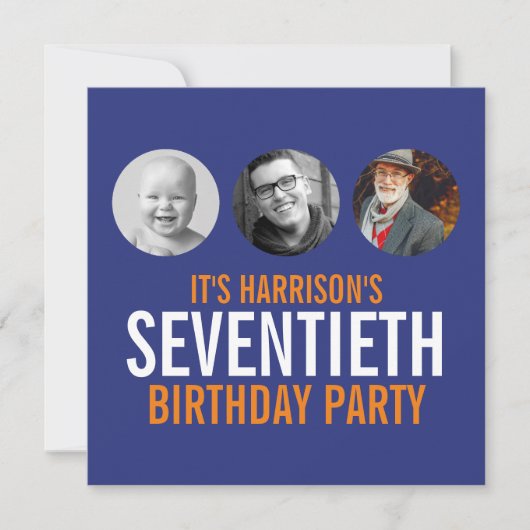 Donkerblauw oranje 70e fotoverjaardagsuitnodiging kaart (Voorkant)