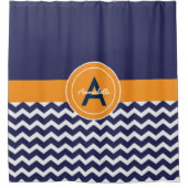 Donkerblauw Oranje Chevron Douchegordijn (Voorkant)