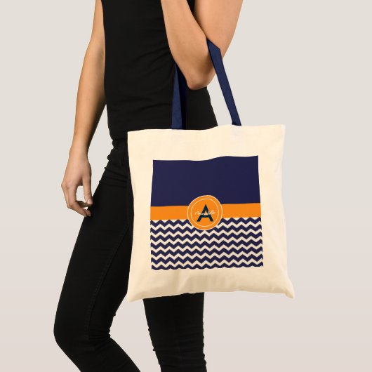 Donkerblauw Oranje Chevron Tote Bag (Voorkant (product))