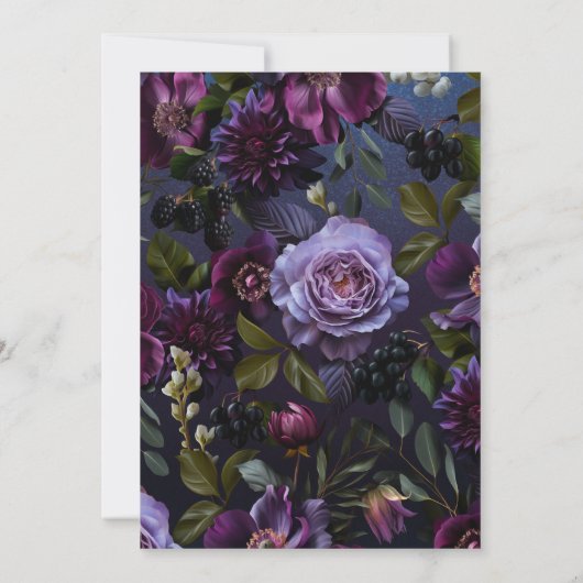 Donkerblauw & Paarse Bloemen Moody Bruidsbrunch Kaart (Achterkant)