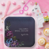 Donkerblauw & Paarse Bloemen Moody Bruidsbrunch Papieren Bordje (Feest)