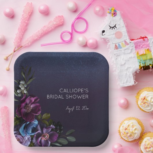 Donkerblauw & Paarse Bloemen Moody Bruidsbrunch Papieren Bordje (Feest)