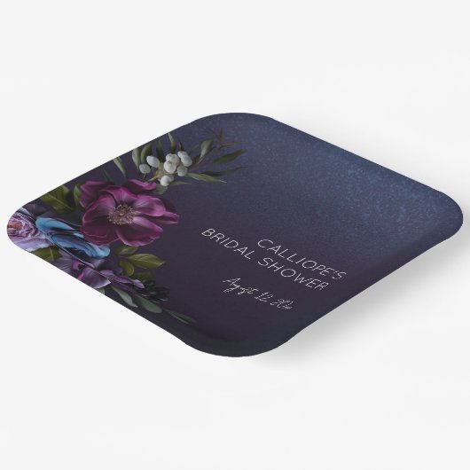 Donkerblauw & Paarse Bloemen Moody Bruidsbrunch Papieren Bordje (Gebogen)