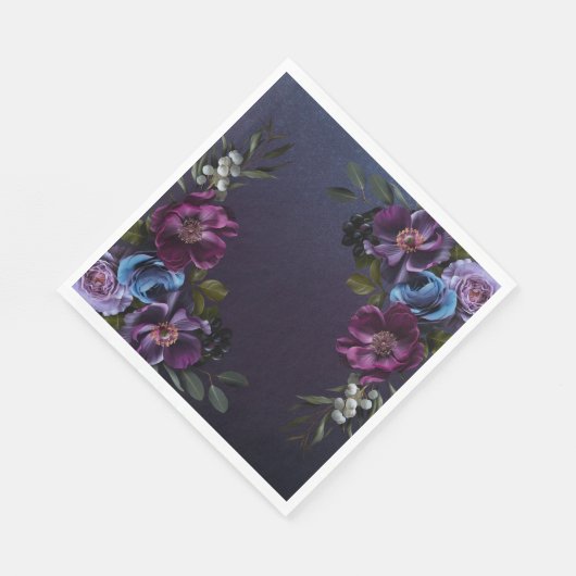 Donkerblauw & Paarse Bloemen Moody Bruidsbrunch Servet (Hoek)