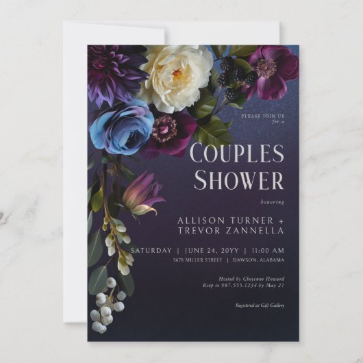 Donkerblauw & Paarse Bloemen Moody Koppels Douche Kaart (Voorkant)
