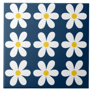 Donkerblauw Retro Daisy Bloemen Patroon Tegeltje