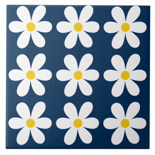 Donkerblauw Retro Daisy Bloemen Patroon Tegeltje (Voorkant)