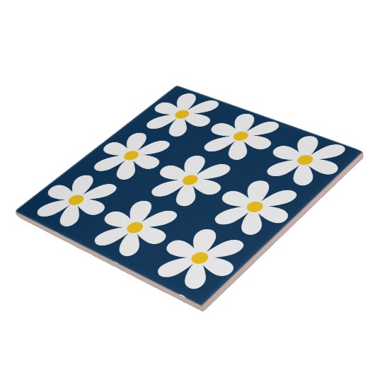 Donkerblauw Retro Daisy Bloemen Patroon Tegeltje (Zijkant)