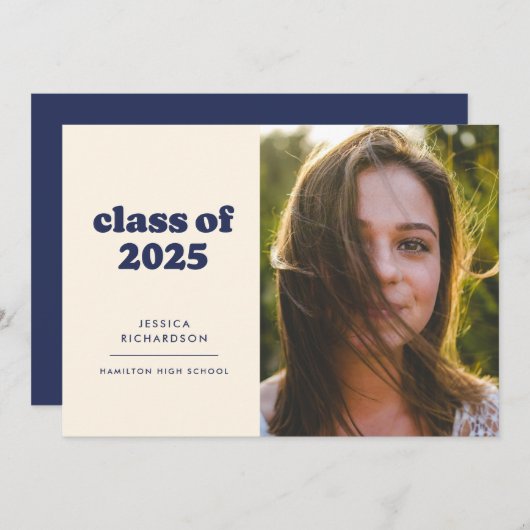 Donkerblauw Retro Eenvoud Foto Afstuderen Aankondiging (Voorkant / Achterkant)