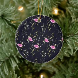 Donkerblauw rond ornament met roze bloemen 