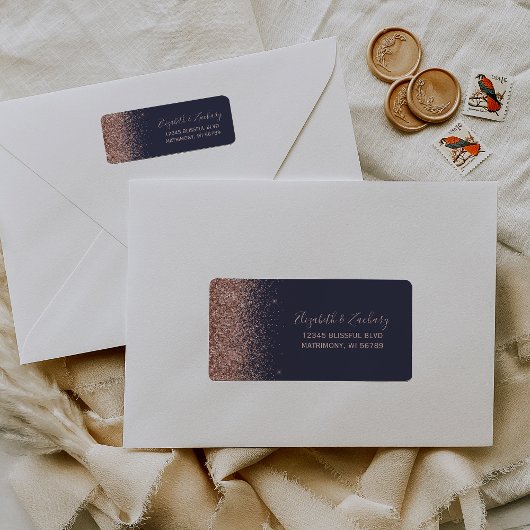 Donkerblauw Roos Gold Wedding Return Address Etiket