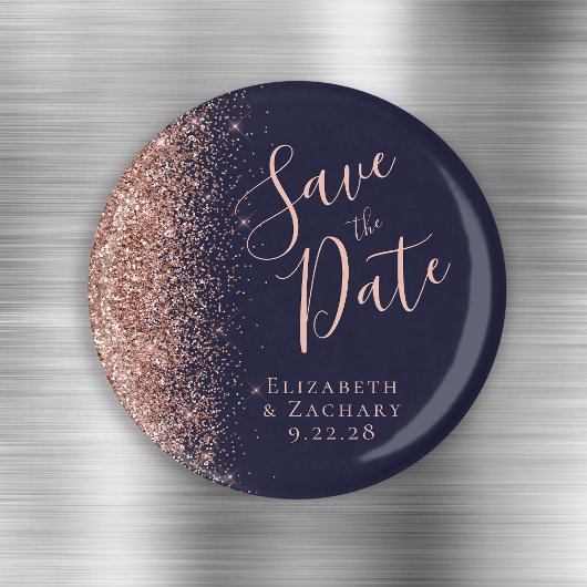 Donkerblauw Roos Goud Glitter Script Save the Date Magneet