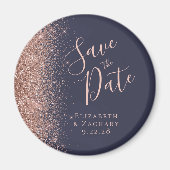Donkerblauw Roos Goud Glitter Script Save the Date Magneet (Voorkant)