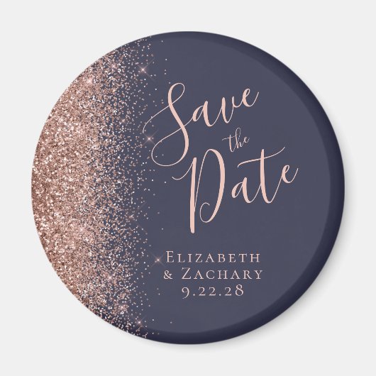 Donkerblauw Roos Goud Glitter Script Save the Date Magneet (Voorkant)