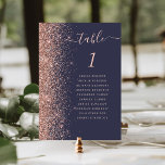 Donkerblauw Roos Gouden Glitter Bruiloft Kaart<br><div class="desc">De linkerkant van deze elegante moderne bruidstafelnummerkaart is voorzien van een rozen gouden faux glitter rand. Het woord "table" komt voor in roos pink whimsical handwriting script op een donkerblauwe achtergrond. Voeg de namen toe van uw gasten die aan elke tabel zijn toegewezen.</div>