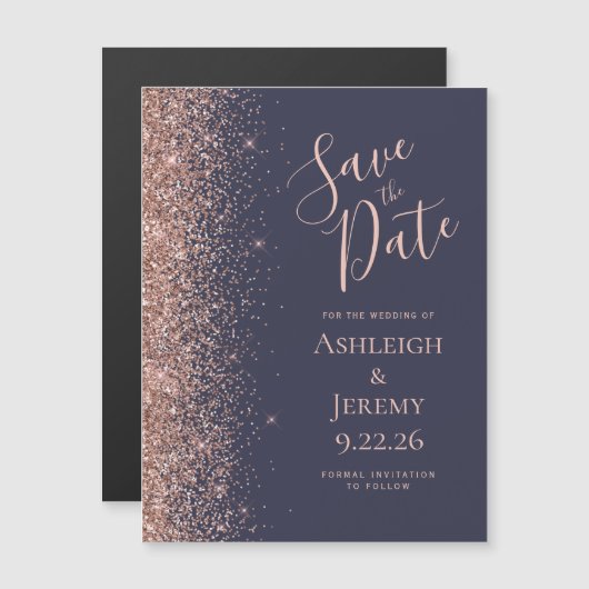 Donkerblauw Roos Gouden Glitter Save the Date (Voorkant / Achterkant)