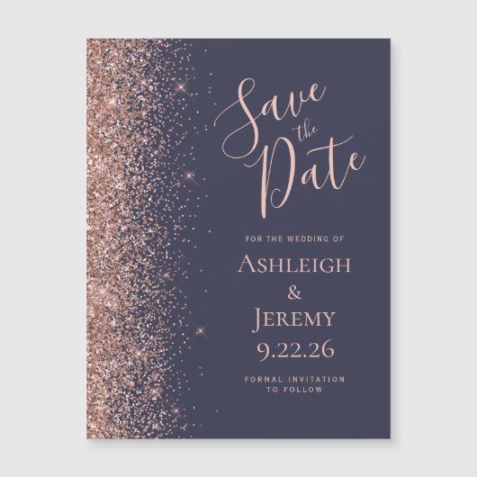 Donkerblauw Roos Gouden Glitter Save the Date (Voorkant)