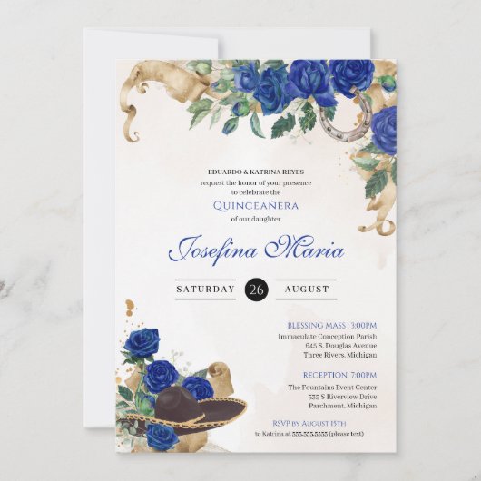 Donkerblauw Royal Roos Mexicana Mariachi Quinceane Kaart (Voorkant)