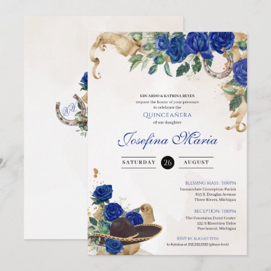 Donkerblauw Royal Roos Mexicana Mariachi Quinceane Kaart (Voorkant / Achterkant)