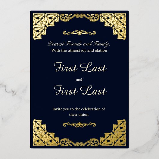 Donkerblauw Royalty-bruiloft Folie Uitnodiging (Voorkant)