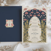 Donkerblauw Roze Bruiloft  Art Nouveau Floral Kaart