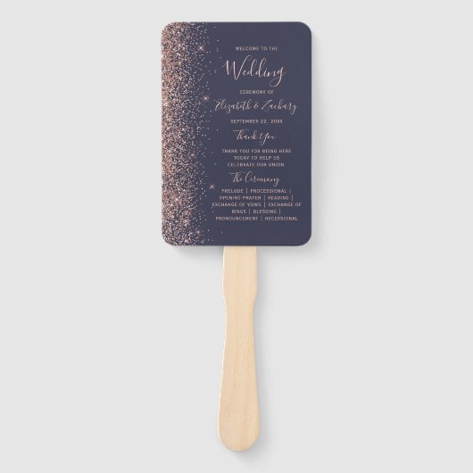Donkerblauw Roze Goud Glitter Rand Trouwprogramma Handwaaier (Voorkant)