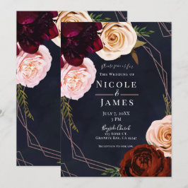 Donkerblauw & Roze Goud Moderne Rustieke Bloemen B Kaart