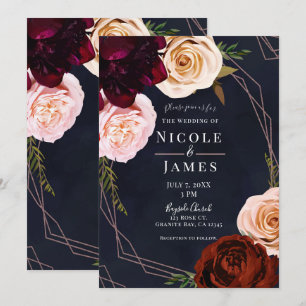 Donkerblauw & Roze Goud Moderne Rustieke Bloemen B Kaart
