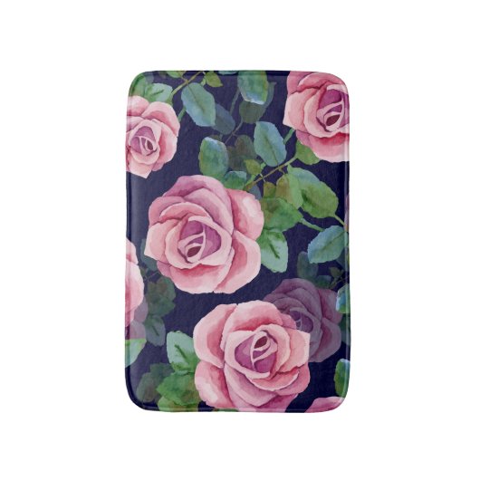 Donkerblauw, roze rozen Waterverf. Badmat (Voorkant Verticaal)
