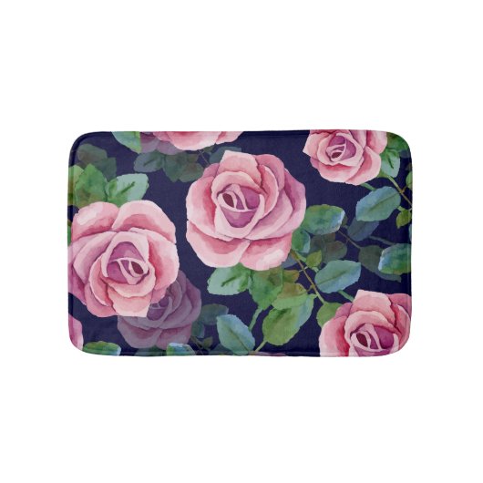 Donkerblauw, roze rozen Waterverf. Badmat (Voorkant)