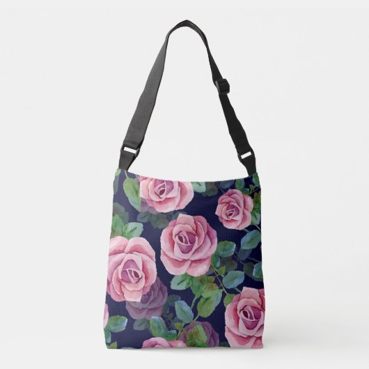 Donkerblauw, roze rozen Waterverf. Crossbody Tas (Voorkant)