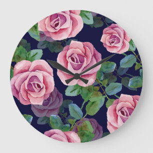 Donkerblauw, roze rozen Waterverf. Grote Klok