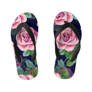 Donkerblauw, roze rozen Waterverf. Kinder Teenslippers