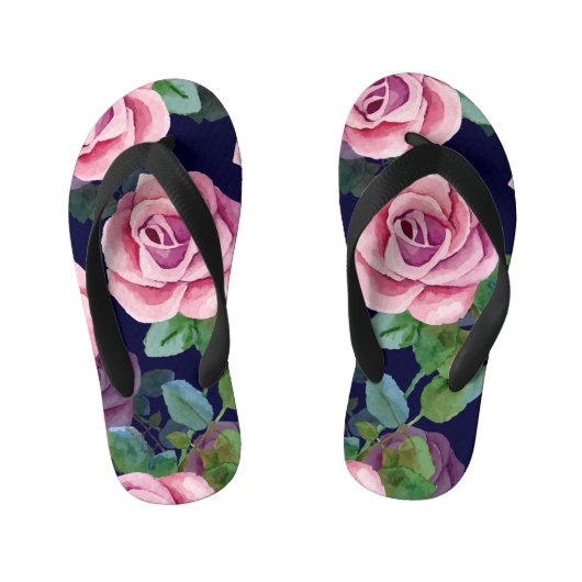 Donkerblauw, roze rozen Waterverf. Kinder Teenslippers (Voetbed)