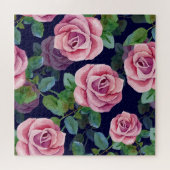 Donkerblauw, roze rozen Waterverf. Legpuzzel (Horizontaal)