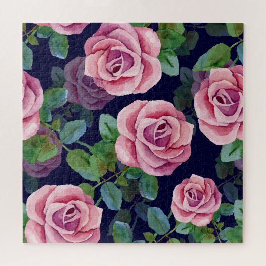 Donkerblauw, roze rozen Waterverf. Legpuzzel (Horizontaal)