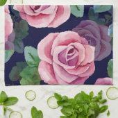 Donkerblauw, roze rozen Waterverf. Theedoek (Gevouwen)