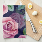Donkerblauw, roze rozen Waterverf. Theedoek (Quarter Fold)