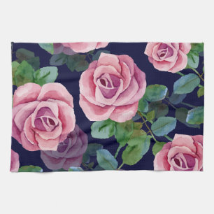 Donkerblauw, roze rozen Waterverf. Theedoek