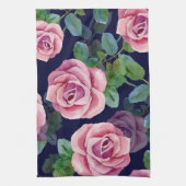 Donkerblauw, roze rozen Waterverf. Theedoek (Verticaal)