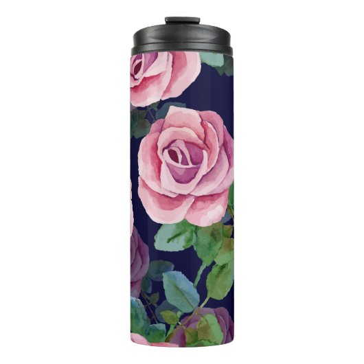 Donkerblauw, roze rozen Waterverf. Thermosbeker (Voorkant)