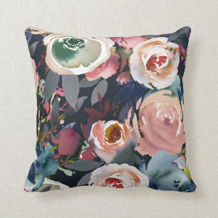 Donkerblauw & Roze Waterverf Bloemendesign Chic Kussen