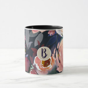 Donkerblauw & Roze Waterverf Bloemendesign Chic Mok