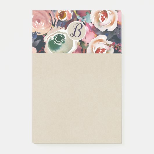 Donkerblauw & Roze Waterverf Bloemendesign Chic Post-it® Notes (Voorkant)