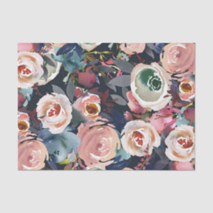 Donkerblauw & Roze Waterverf Bloemendesign Chic Tissuepapier