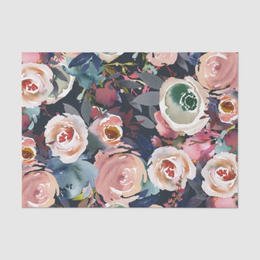 Donkerblauw & Roze Waterverf Bloemendesign Chic Tissuepapier (Voorkant)