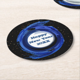 Donkerblauw 's nachts, gelukkig nieuwjaar 20xx ronde kartonnen onderzetter