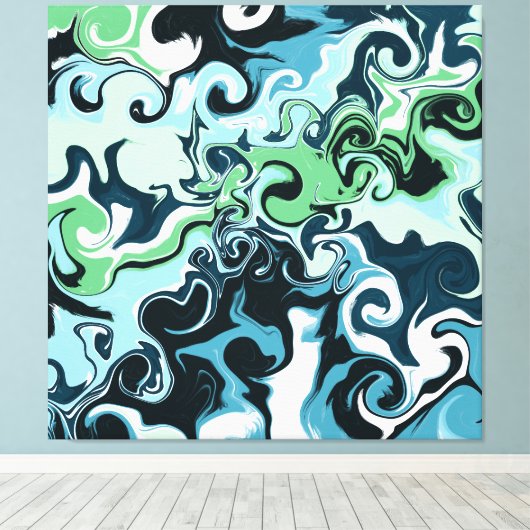 Donkerblauw, Sage Green, Abstracte vloeistof Canvas Afdruk (Insitu (Houten vloer))