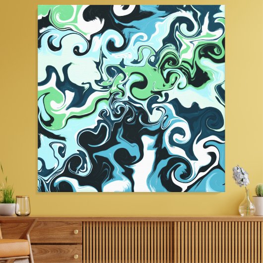 Donkerblauw, Sage Green, Abstracte vloeistof Canvas Afdruk (Insitu (Woonkamer))